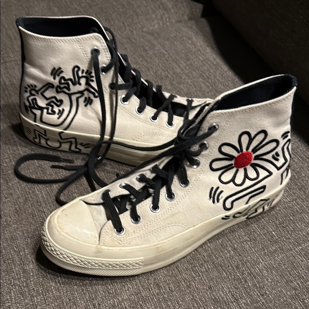 Converse White High-Tops with Black and Red Design by 80’s Pop Artist
